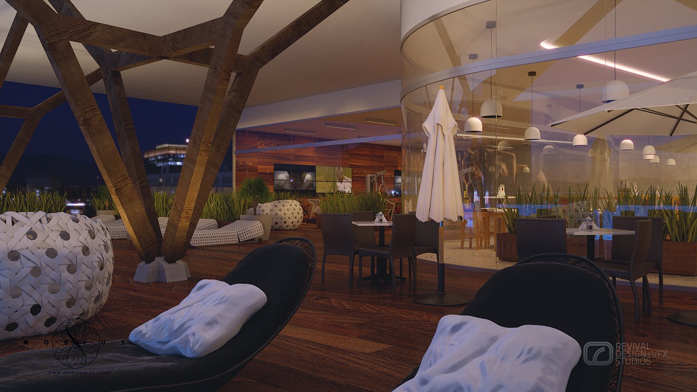 Rooftop lounge and dining terrace at night: heavy timber V-columns rise from the deck beside white daybeds and mosaic tables, dark chairs group around tables, a furled parasol stands at the glass stair core, and pendants hang inside it.