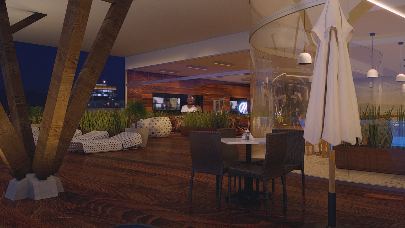 Closing rooftop render: a small dining table and dark chairs on the timber deck under a closed cream parasol, framed by an angled timber column, with daybeds, grasses and a night sky behind the glass balustrade.