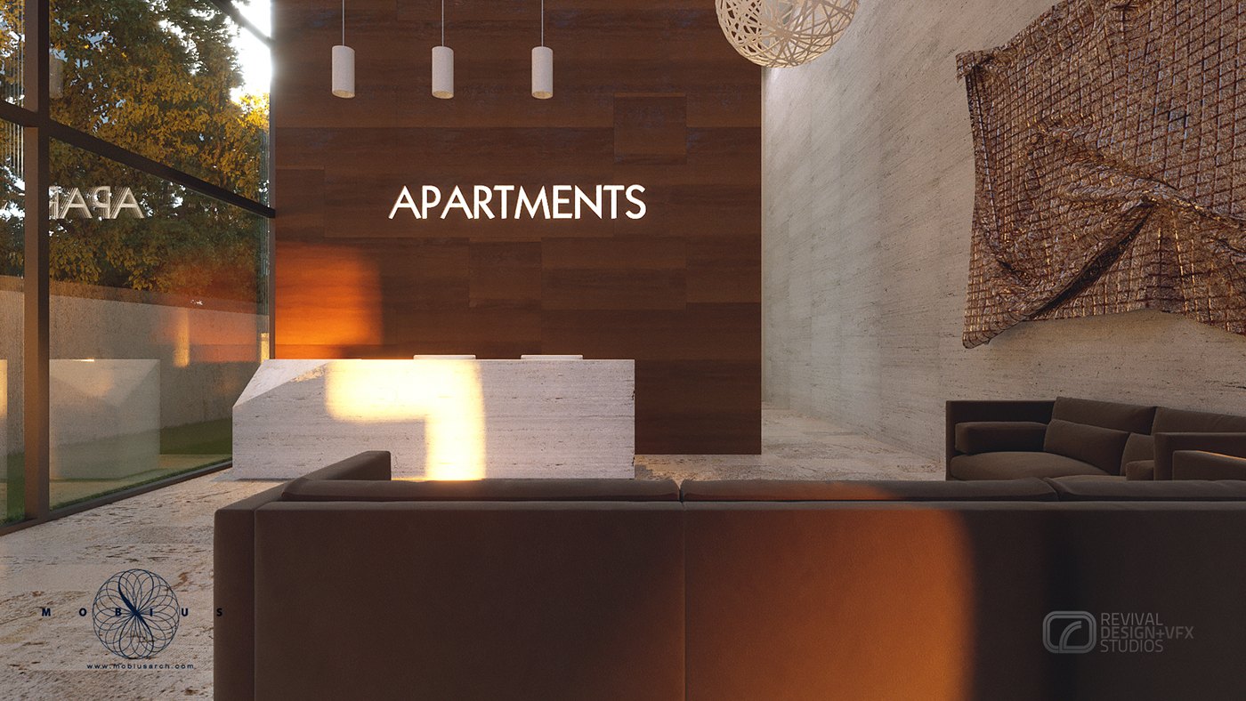 A near-duplicate daylight take of the same lobby view as plate 3, pulled slightly wider: the timber screen reads more fully, a sofa back crosses the foreground, and warm uplighting grazes the base of the APARTMENTS wall.