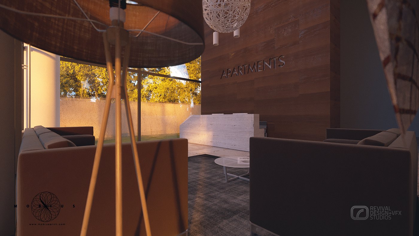 Close-up render of a sculptural timber floor lamp with a wide disc shade glowing amber, its tripod legs rising beside leather seating; behind it the lobby APARTMENTS wall falls into shadow and the timber screen artwork catches the last light.