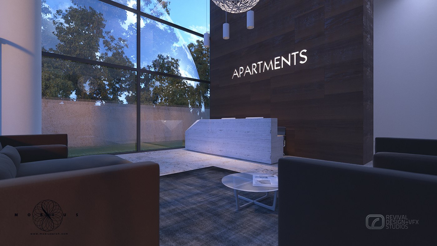 Night version of the lobby sequence: deep blue dusk sky and tree silhouettes behind the full-height glazing, the APARTMENTS lettering lit white on the timber wall, and the stone reception desk glowing from within while dark seating fills the foreground.