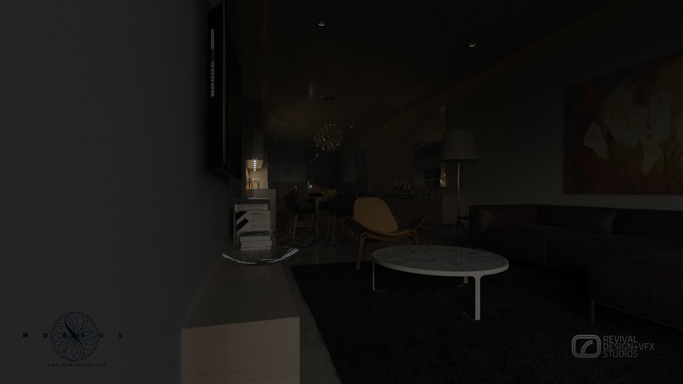 Deliberately underexposed interior render of an apartment living room at night, lights almost off: only the outline of a sofa, a round coffee table and a framed picture emerge from the dark, a low-light study for the sequence.