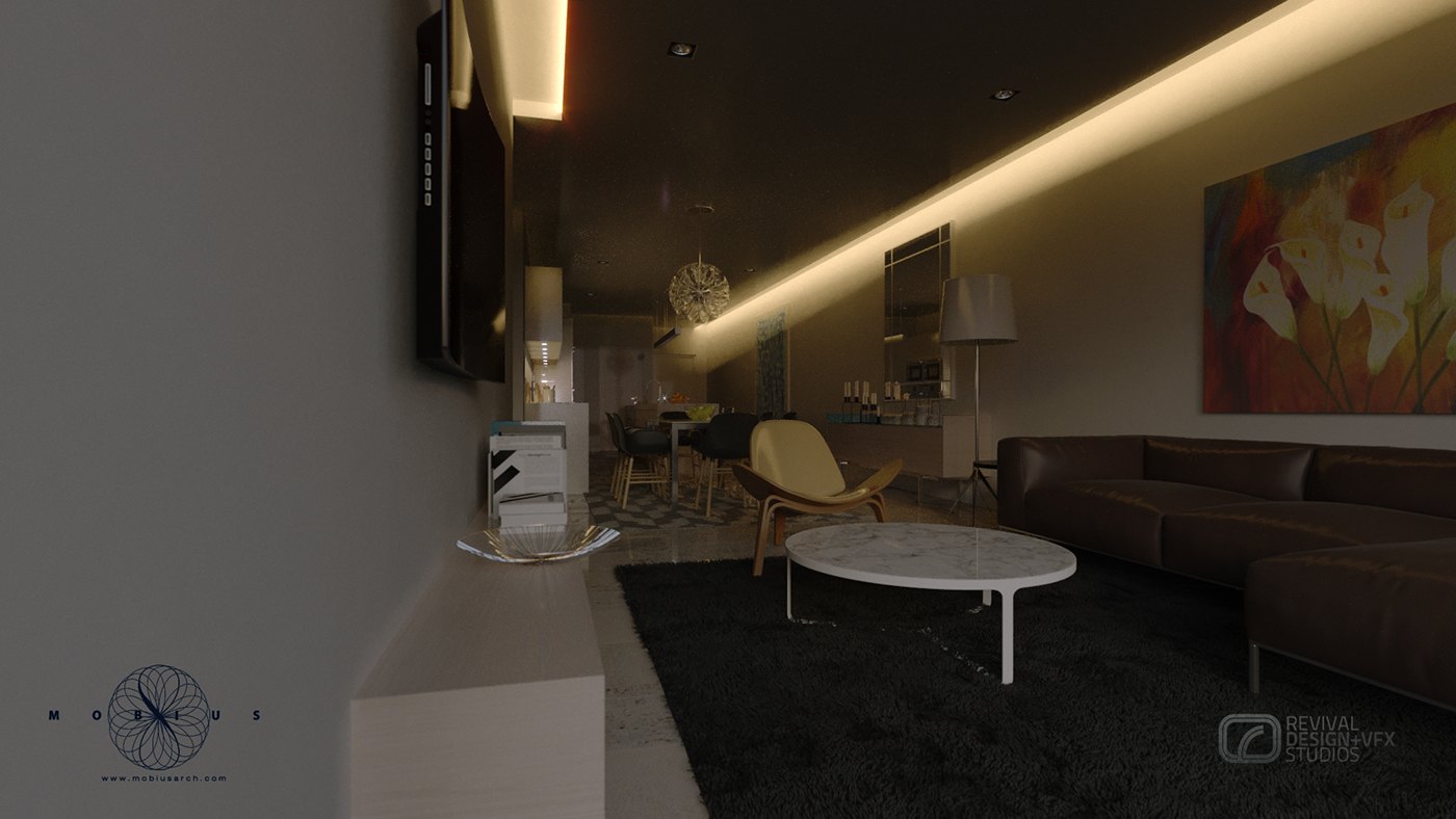 Same living room with its lighting switched on: an amber ceiling cove strip runs the length of the white ceiling, a tan leather sofa and white marble coffee table sit on a dark rug, and a bright floral painting warms the far wall.