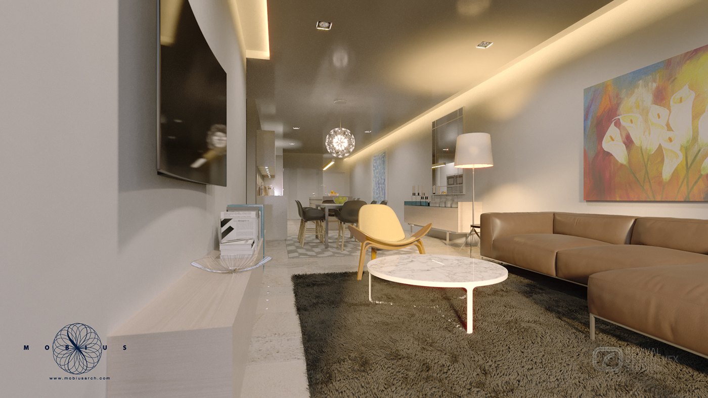 Brighter daylight variant of the same living room view as plate 8: white walls and a pale floor read cleanly, the cove lighting is softer, and the accent chair, marble table, leather sofa and floral artwork all hold their positions.