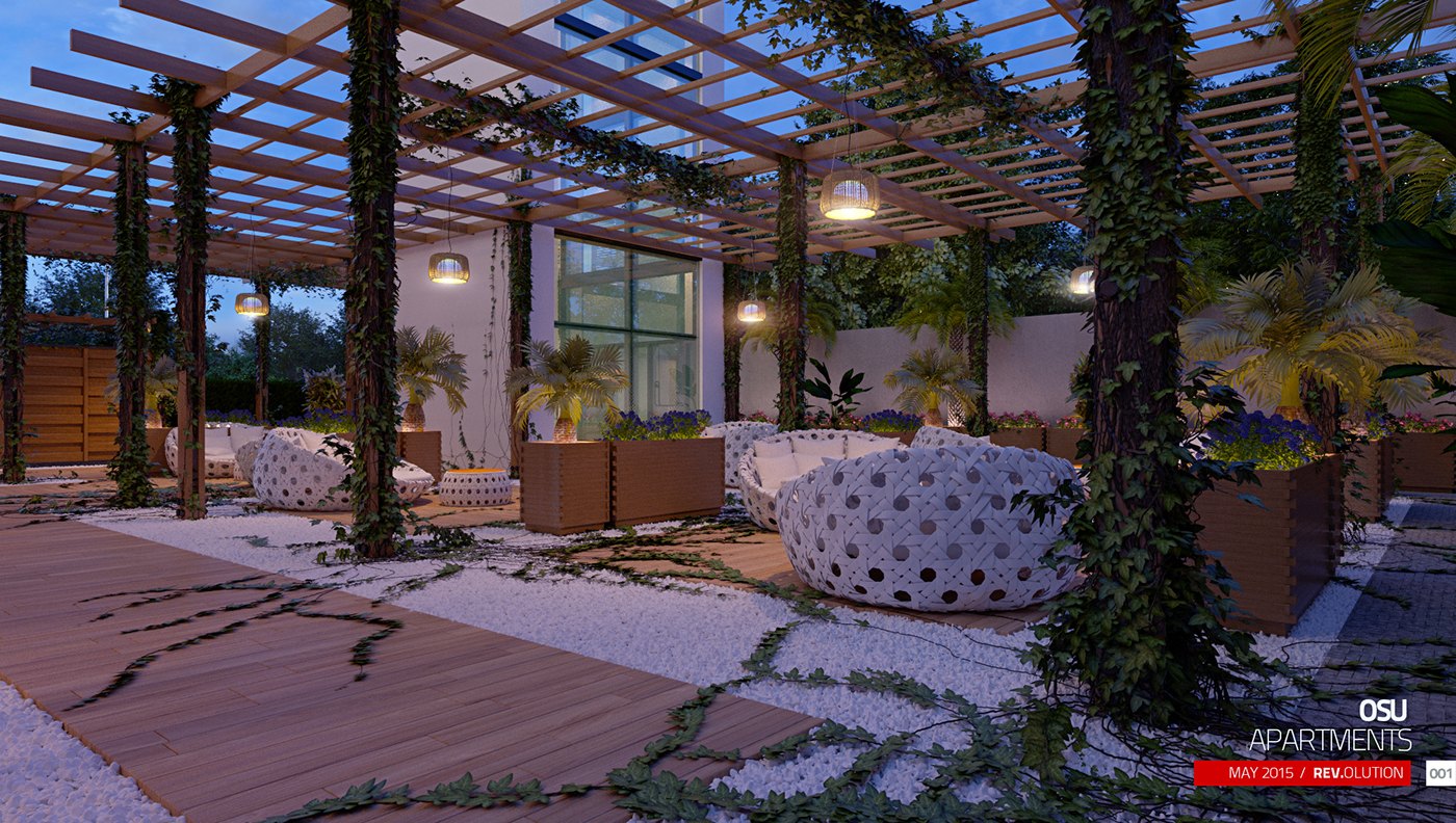 Dusk visualization of a residential terrace: timber pergola with climbing plants, hanging pendant lamps, rounded white lounge seats and planters, deck strips laid over white pebbles and stepping stones, glazed doors behind, OSU APARTMENTS caption block.