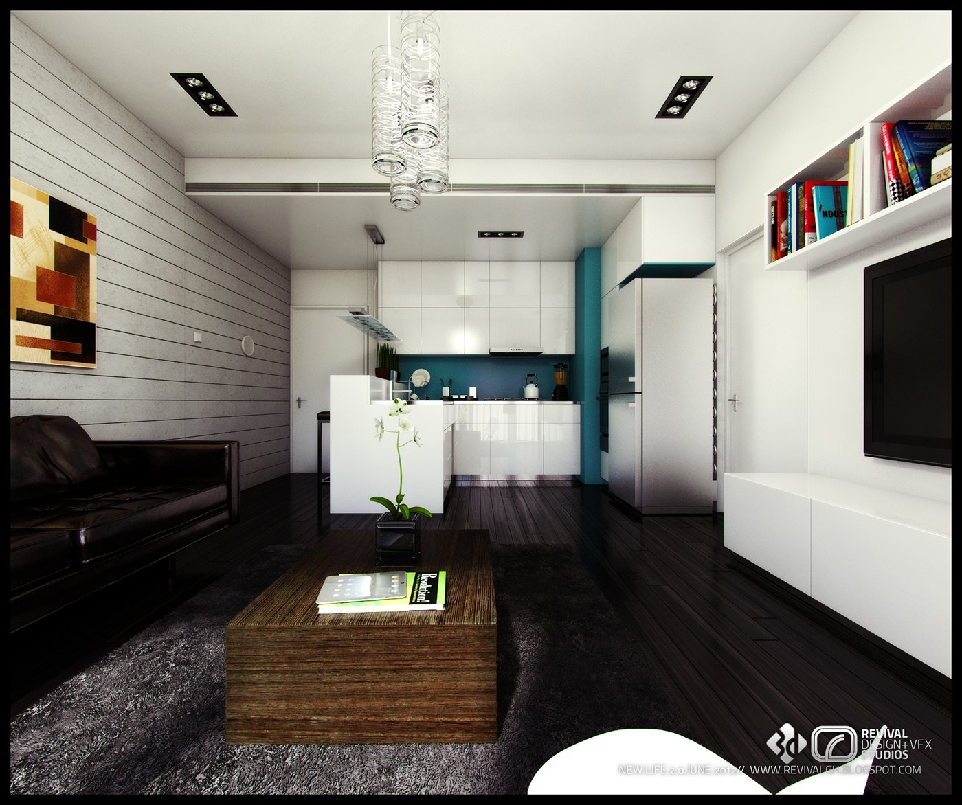 Living room render: whitewashed plank walls, dark timber floor and grey rug, a low wooden coffee table, dark leather sofa, and a white media wall with open shelving and a wall-mounted screen, kitchen glimpsed beyond.