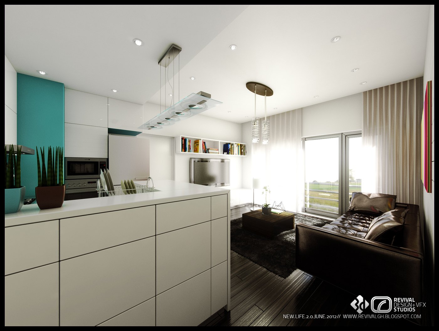 Kitchen render: white handleless cabinets, teal accent wall, island with planters and a bowl of fruit, pendant lights over the counter, and the lounge with dark seating visible through the full-height glazing beyond.
