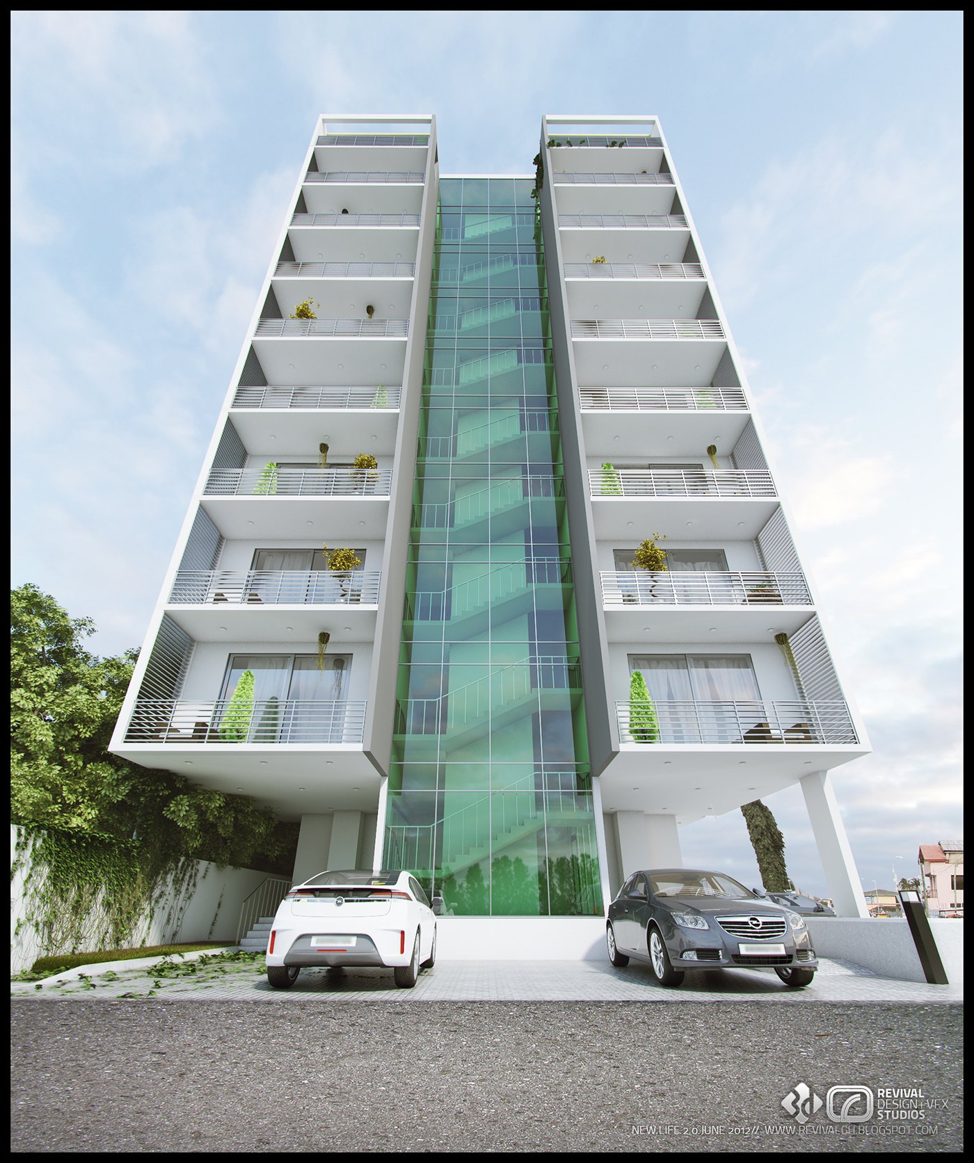 Exterior render of the tower from the street: a white concrete frame with a green glazed central spine, staggered balconies planted with shrubs, a cantilevered entrance canopy and two sports cars parked beneath a blue sky.