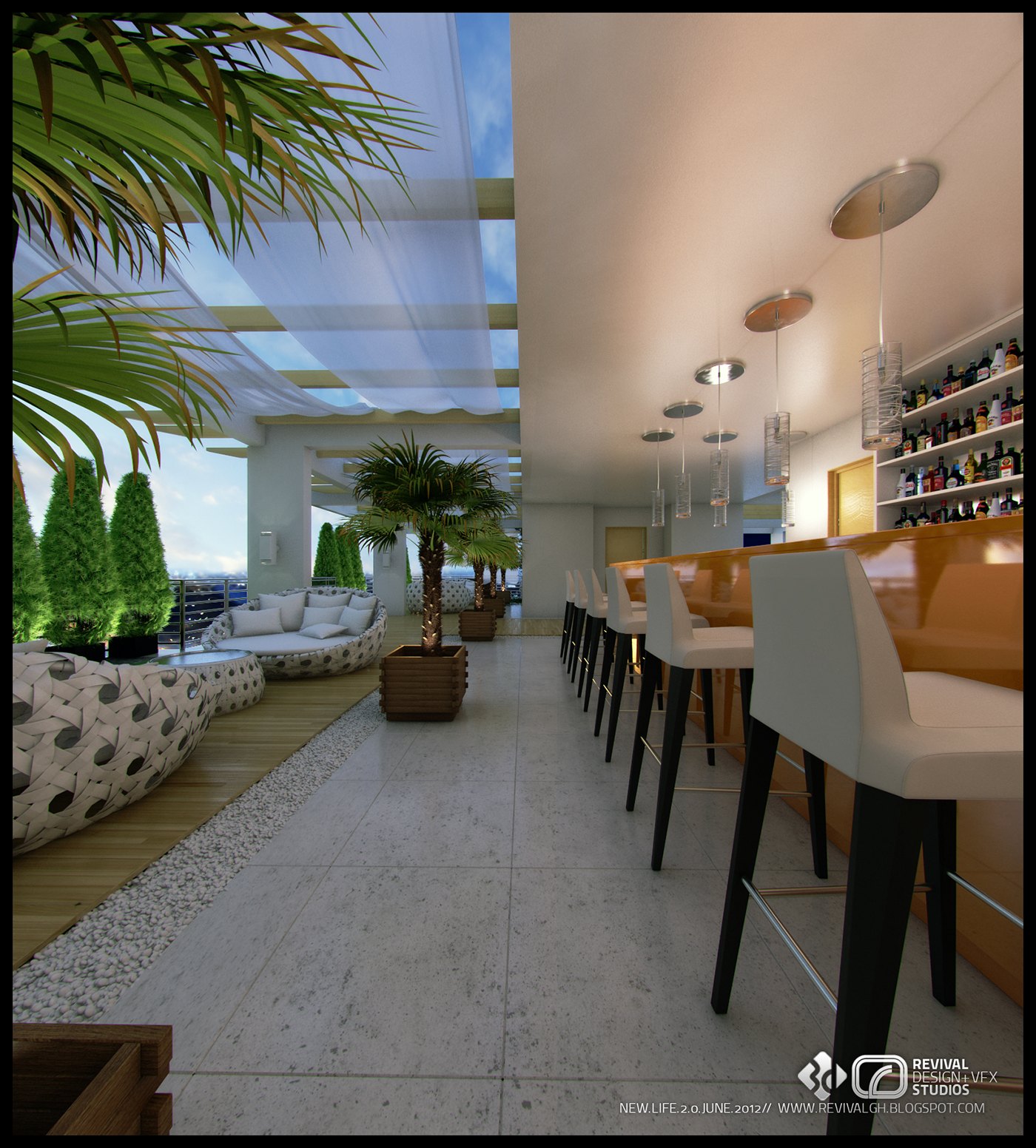 Rooftop render of the amenity deck: a swimming pool edged with palms in planters, low white lounge seating, a bar counter with tall stools, and a perforated canopy lit from above over pale paving.