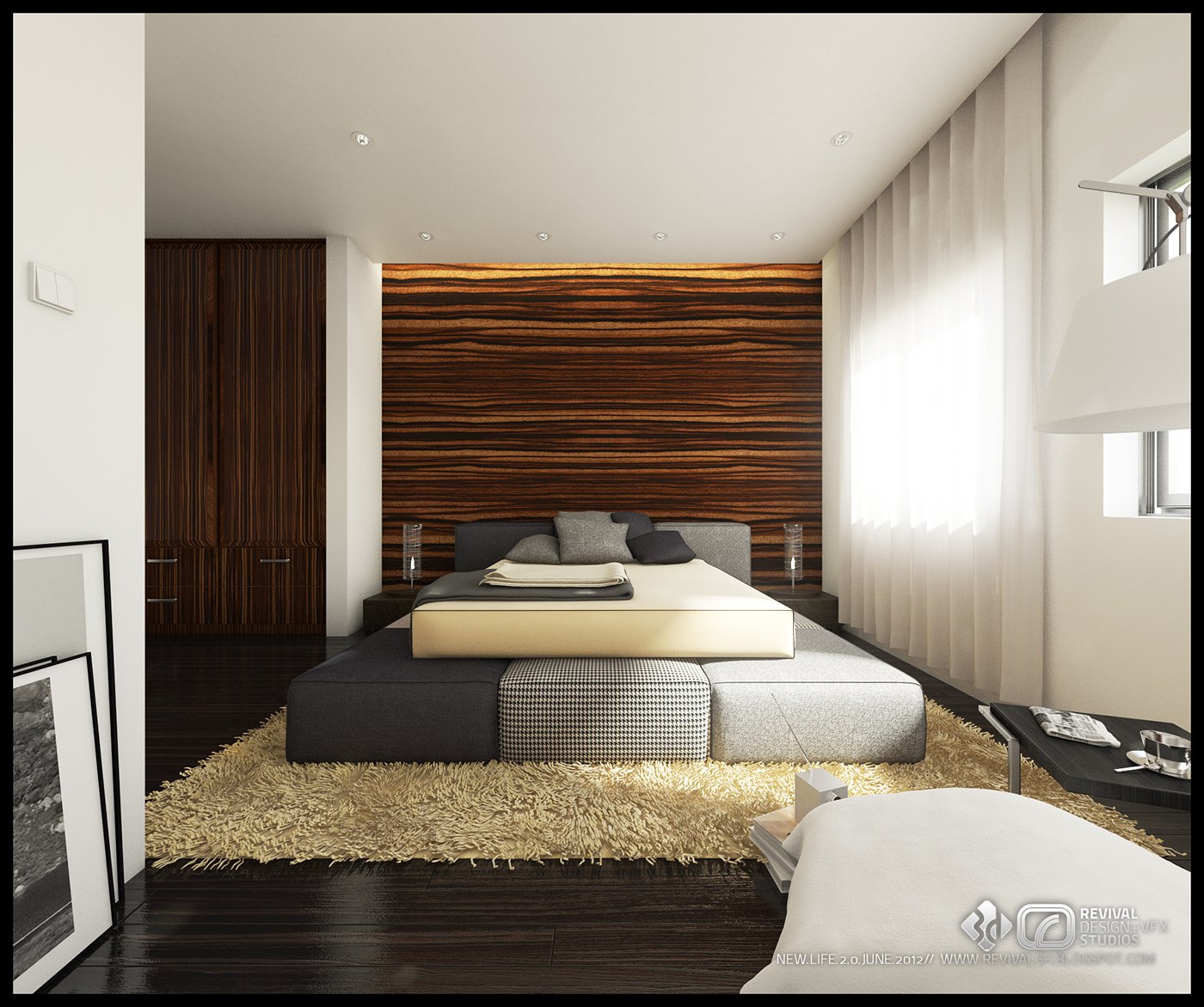 Bedroom render: a low bed with grey and cream bedding against a warm wood slat wall, beige shaggy rug, near-black floor, sheer curtains at the window and framed pictures leaning on the floor at the left.