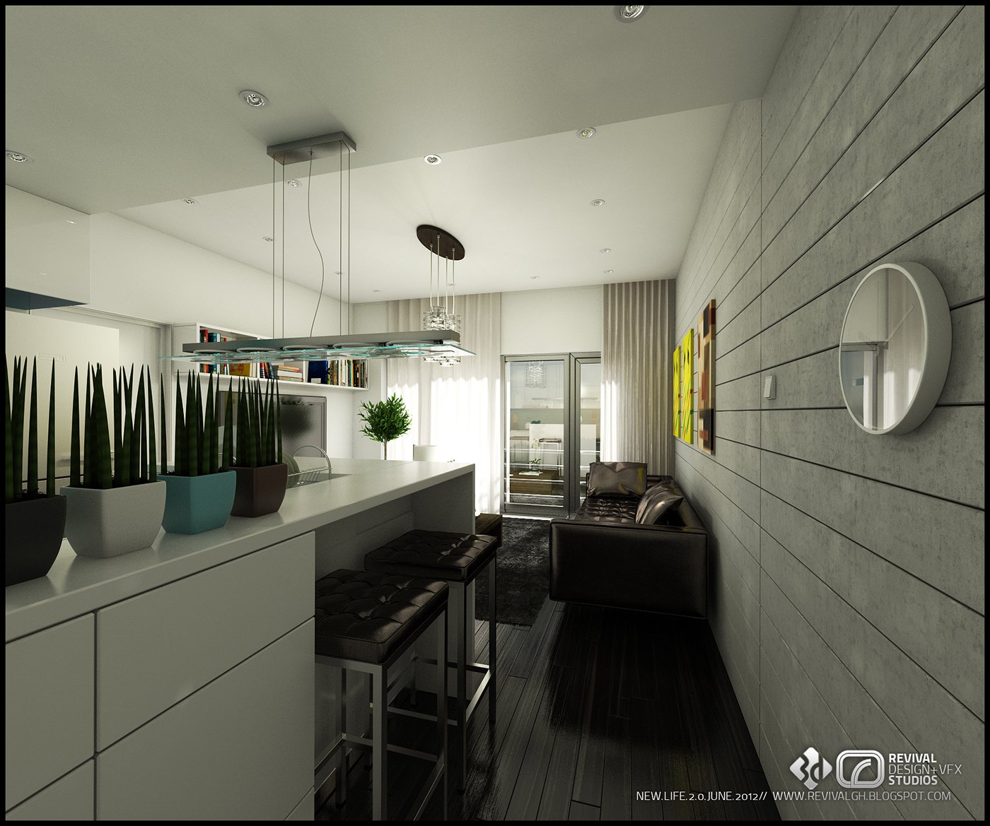 Kitchen and dining render from behind the island: grey cabinet front with three planters, dark bar stools, concrete textured wall with a round mirror, dark floor and the dining table and glazing in the distance.
