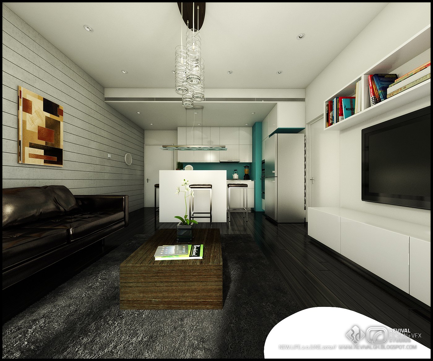 Second angle of the living room render: the same white plank wall and shelving run, dark sofa on a grey rug, wooden coffee table, and the white kitchen with a teal accent panel visible through the opening.