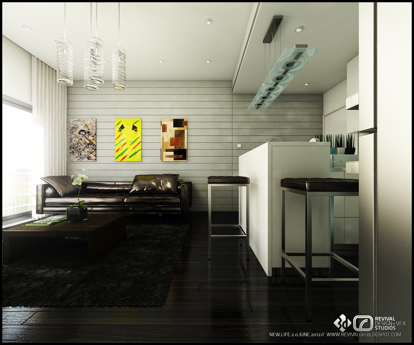 Open plan render looking toward the kitchen: dark leather sofa and low coffee table on a black rug, two yellow and ochre canvases on the white plank wall, white island with stools and a cluster of glass pendants.