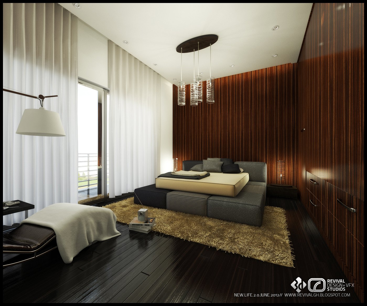 Bedroom render at an angle: low platform bed with cream throw against a full-height dark slat wall, beige rug, bench at the foot, sheer white curtains along the glazing and small glass pendant clusters overhead.