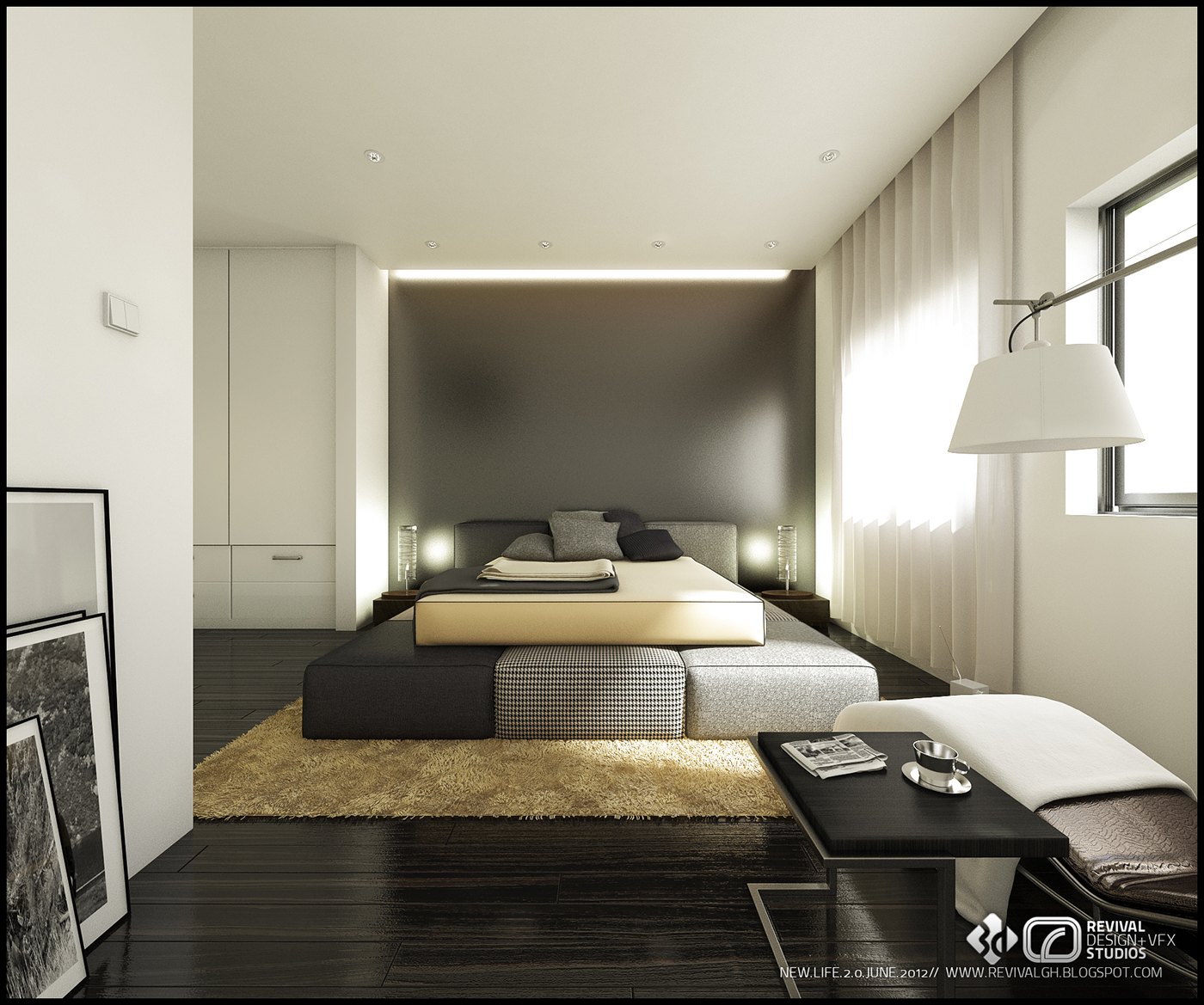 Bedroom render with a grey gradient feature wall lit by a hidden strip: low bed with grey and beige bedding, shaggy rug, white wardrobe, floor lamp with a wide shade and framed photographs on the floor.