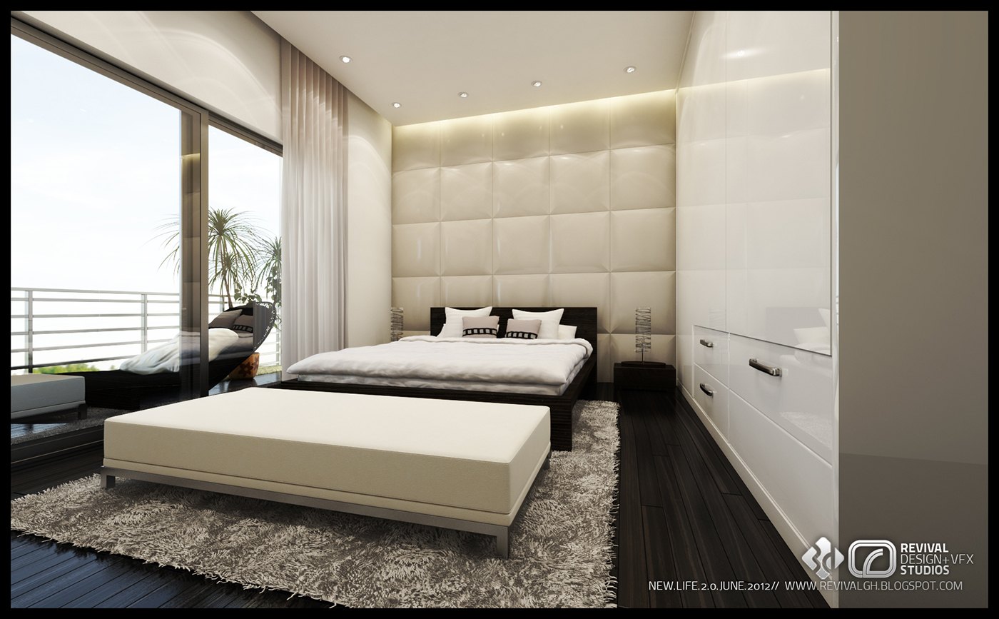 Bedroom render facing a glazed corner: cream tufted panel wall behind the bed, white ottoman on a grey shaggy rug, glossy white wardrobe run, and a palm visible through the window at the left.