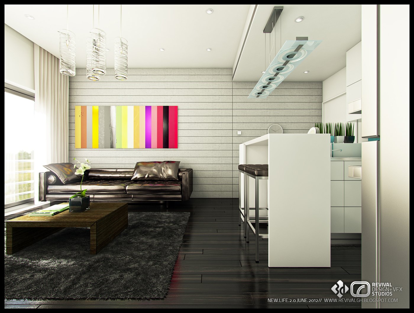 Living area render: white plank walls with a bright striped canvas in yellow, pink and green, dark leather sofa and wooden coffee table on a grey rug, white kitchen island and stools at the right.