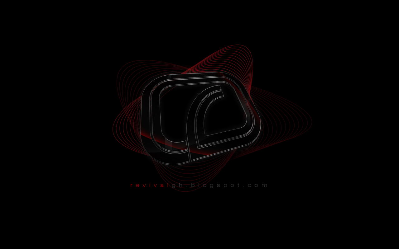 A desktop wallpaper on a near-black field: at the centre sits the studio&rsquo;s own rounded-square mark, a bracket open at the lower right with a curved lobe inside, drawn in glossy black that is legible only from its hairline white rim lights and repeated outline offsets, while a swarm of fine red curves orbits the mark like a pinched ring of field lines, passing behind it at the top and across its lower left, and the letter-spaced address revivalgh.blogspot.com is set low in the field with its first syllable in red.
