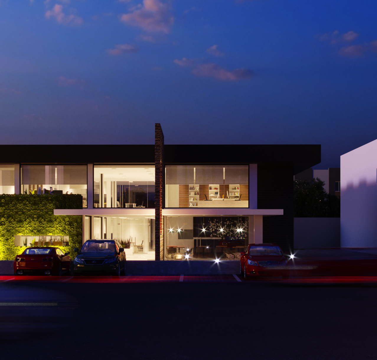 Palazzo entrance at night: a brick fin rising through the flat roofline over a white canopy and glazed lobby, a shelved office glowing above, an uplit planted wall at the left and three cars parked in front with starburst lights under a deep blue sky