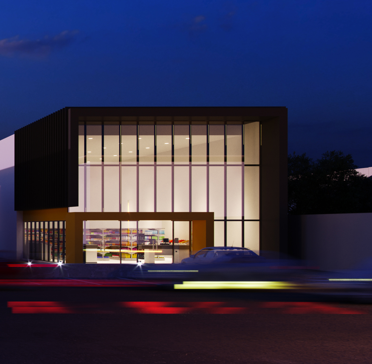 Palazzo retail pavilion at night: a black-framed cube of full-height glazed bays glowing warm above a recessed storefront, stocked supermarket aisles visible through the glass, a fin-clad wall at the left and traffic light trails across the foreground