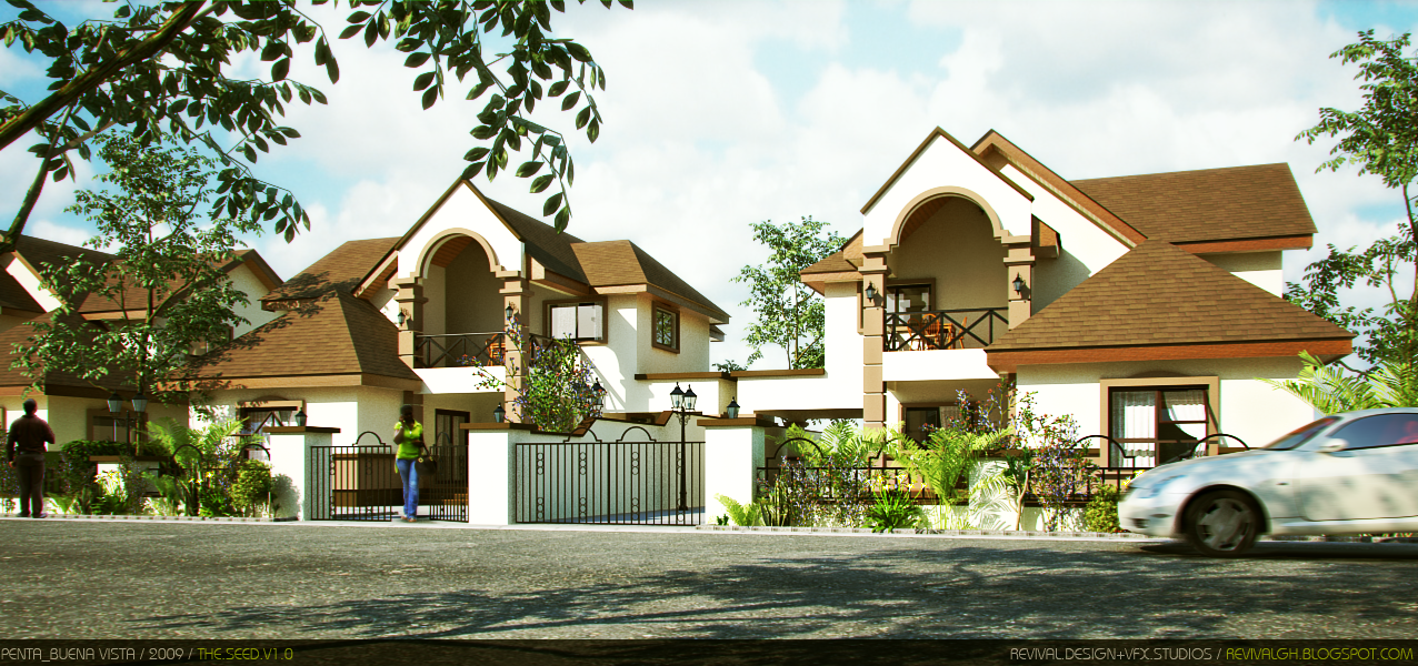 A wide daylight street view of two matching two-storey houses standing side by side: cream rendered walls with tan trim under brown tiled hip roofs, each broken by a tall front gable framing a deep arched first-floor recess behind a dark cross-railed balcony. A low white boundary wall with tan capping and arched metal railings runs across the frontage, broken by black metal gates, with ornate twin-head lamp posts at the shared pier. Young trees, ferns and clipped shrubs fill the beds, a leafy branch overhangs the top left of the frame, two figures stand on the pavement at the left, and a silver car passes in motion blur across the asphalt foreground under a bright hazy sky.