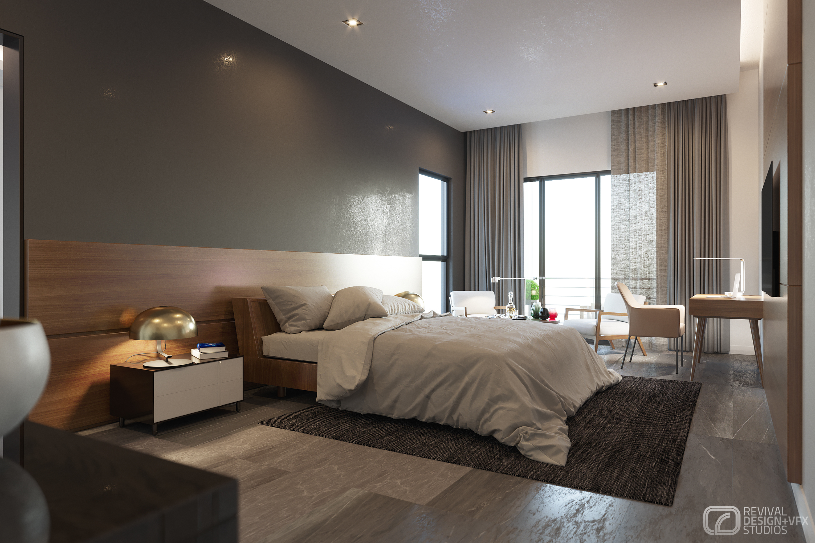 Petrus bedroom: a low platform bed dressed in greige linen against a wide oak headboard panel, brass dome lamp on a dark nightstand, a writing desk at right and full-height windows in sheer grey drapes.