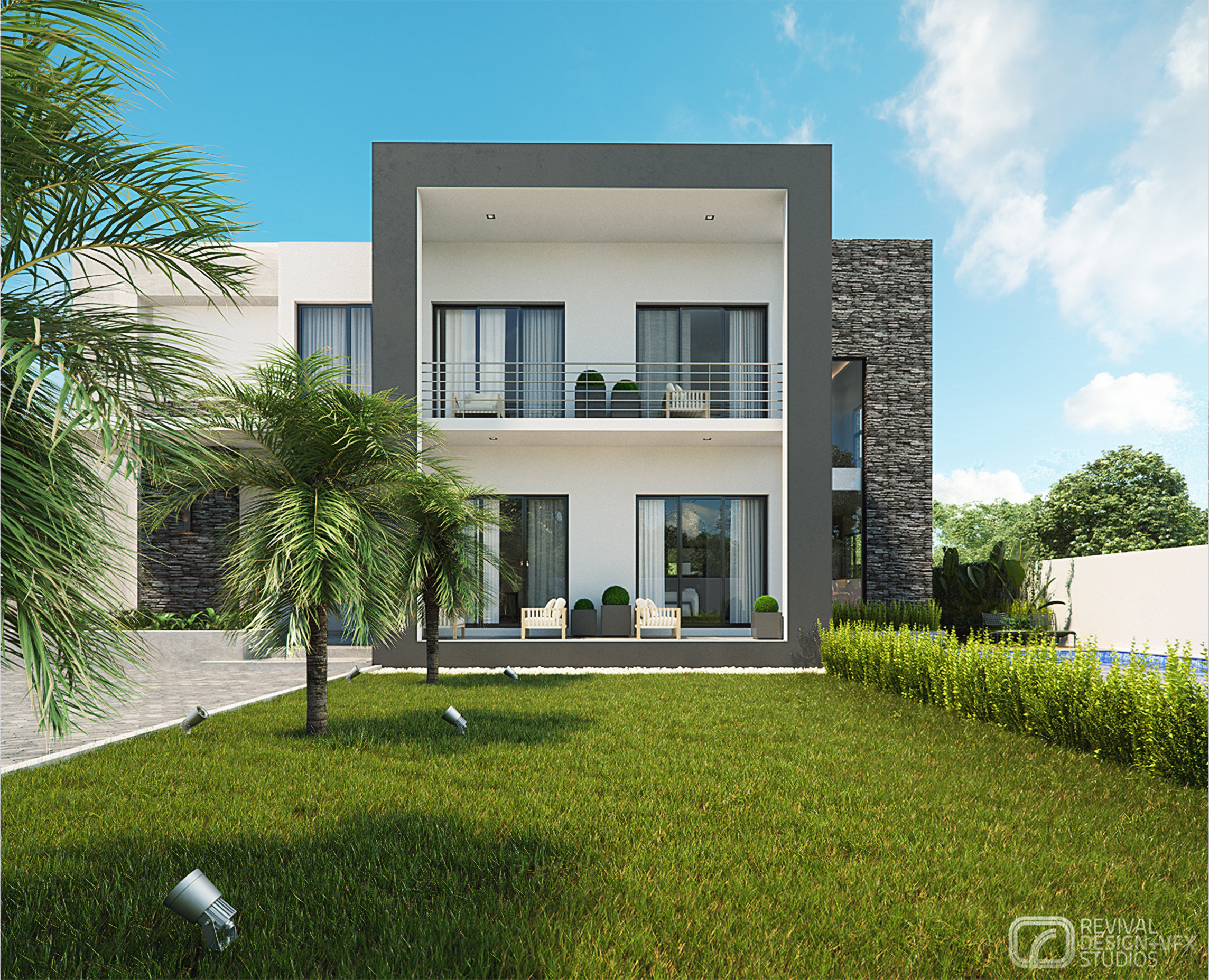 Petrus garden elevation by day: the white two-storey volume in its dark grey frame with a metal-railed balcony above the hedge, young palms, ground uplights in the lawn and the pool edge at right.
