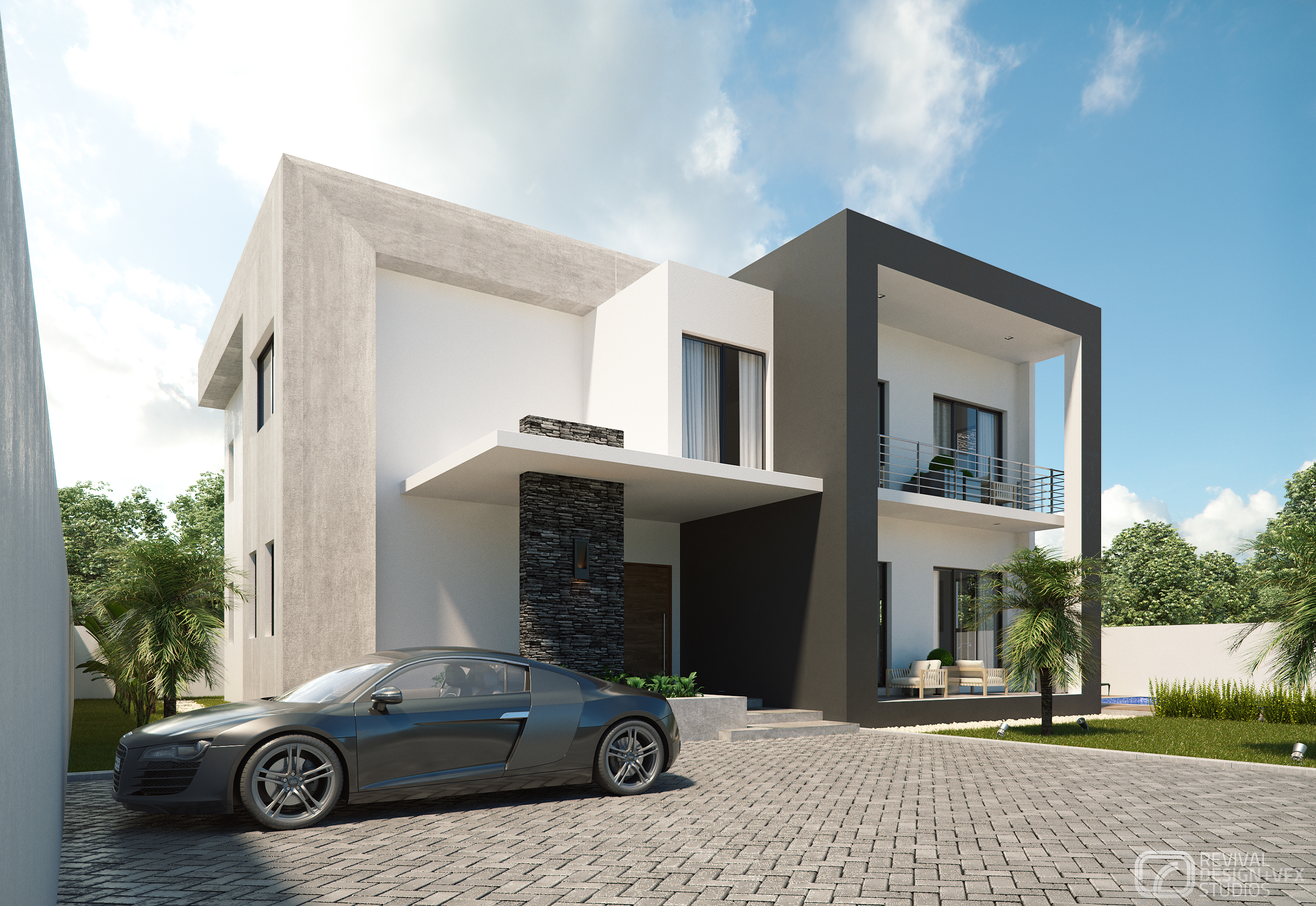 Petrus front drive: a grey coupe on herringbone pavers beneath a flat entrance canopy and dark wood door, stacked-stone pier and board-marked concrete walls, balcony seating above at right.