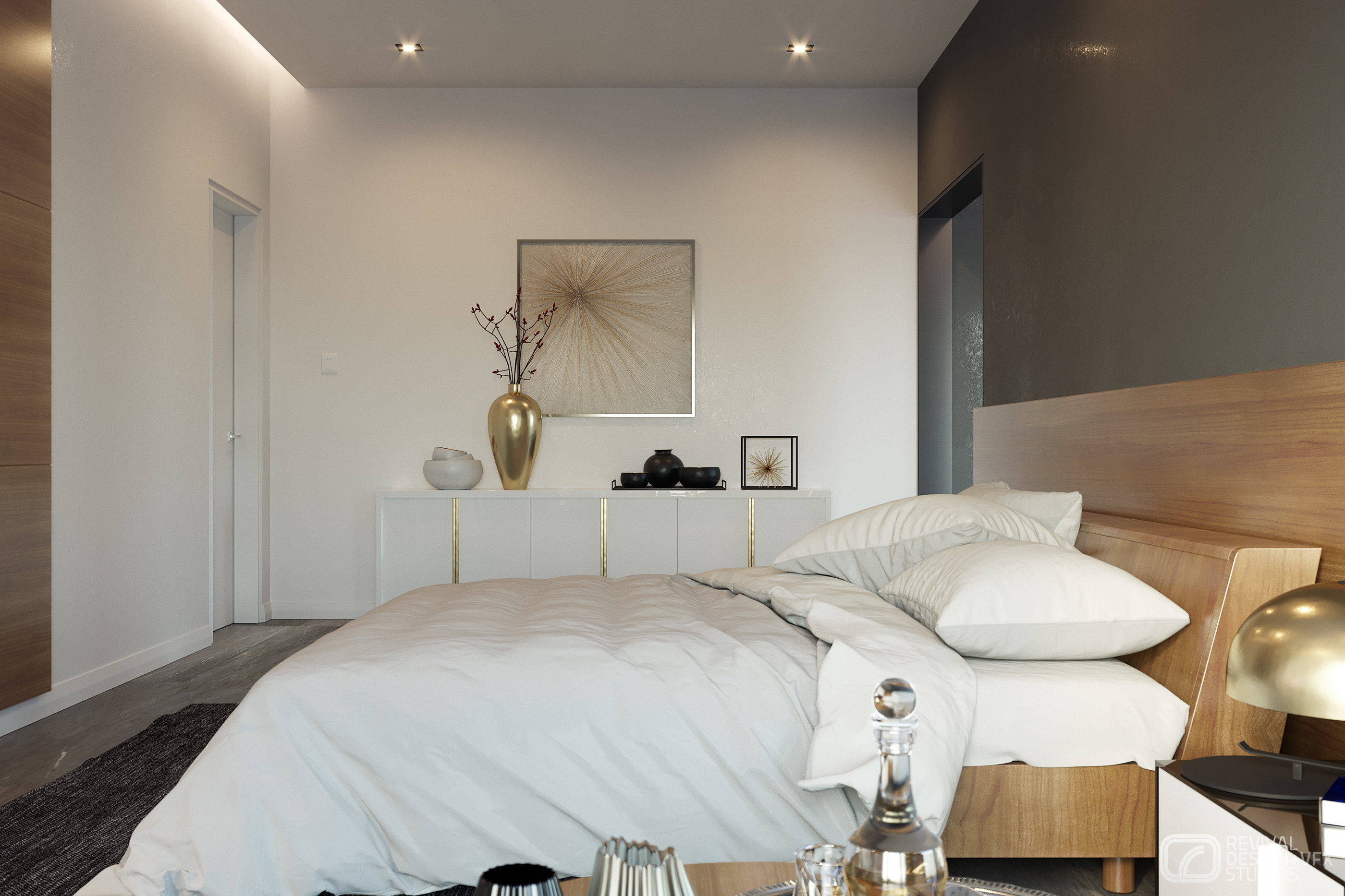 Petrus bedroom from the foot of the bed: a white sideboard with brass vertical inlays holds a gold teardrop vase and a small framed print, radial wall art above, dark rug over grey plank flooring.
