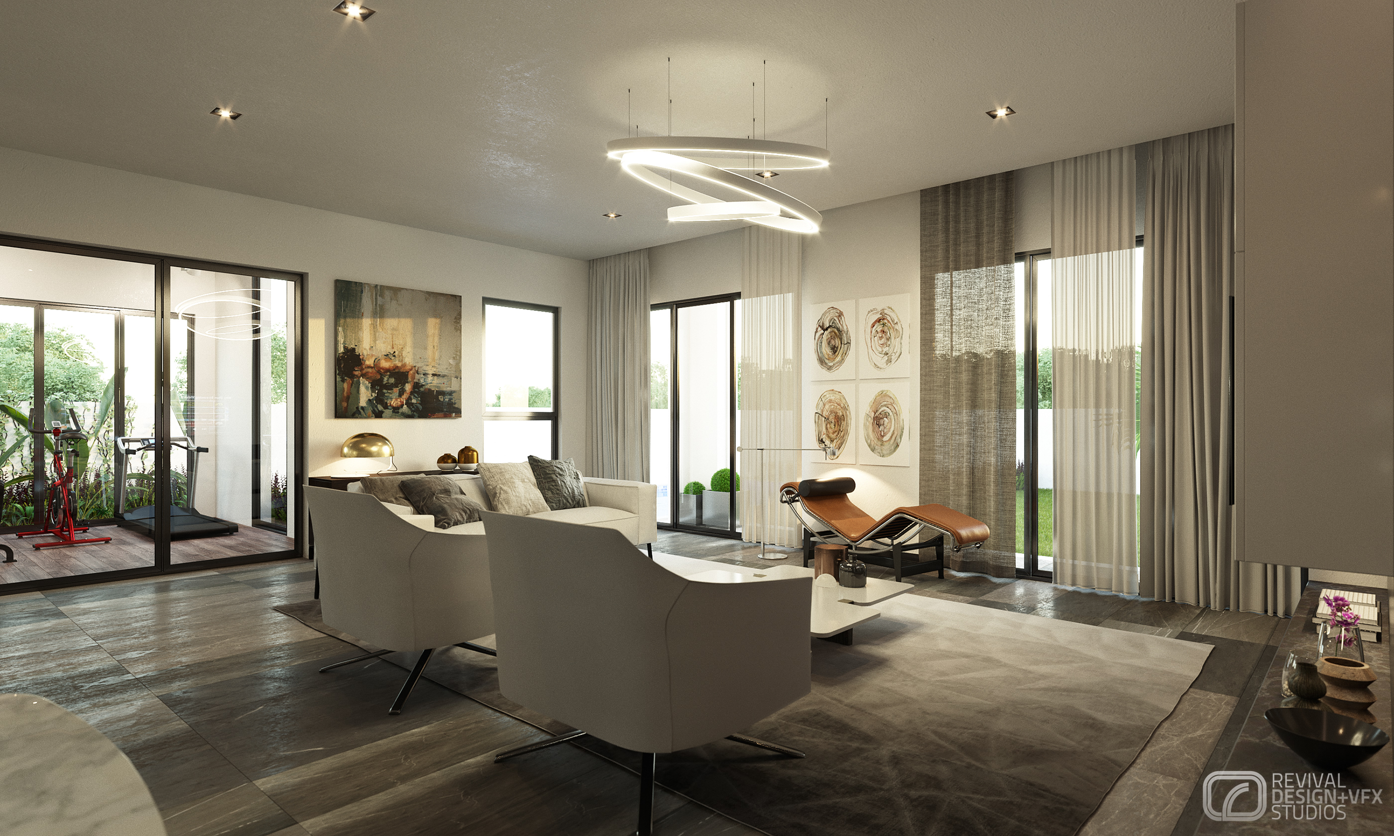 Petrus living room by day: white sofa and two swivel armchairs around a sculptural white table under a triple-ring LED chandelier, four tree-ring prints on the wall and sliding doors into the gym at left.