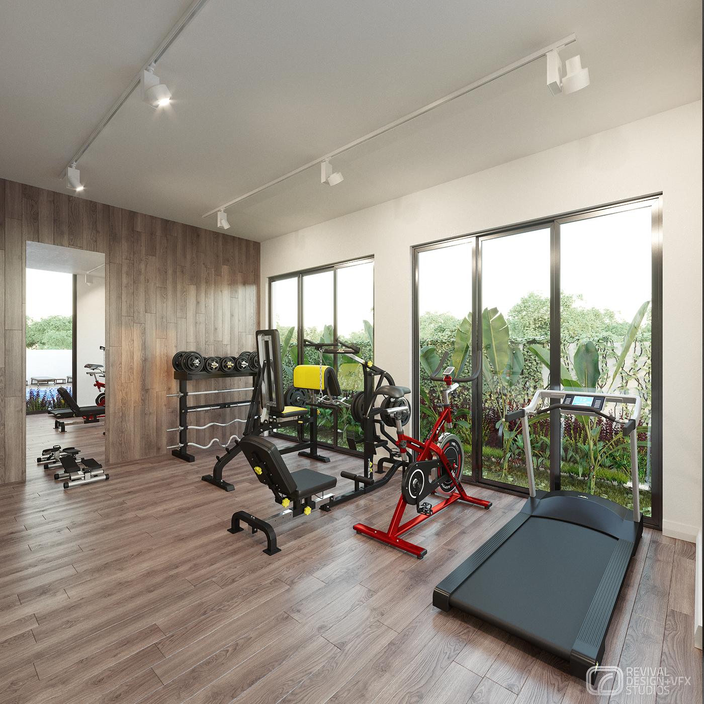 Petrus home gym: treadmill, red exercise bike and a black-and-yellow bench along the wood-panelled wall and tall mirror, glass doors onto banana-leaf planting over plank flooring.