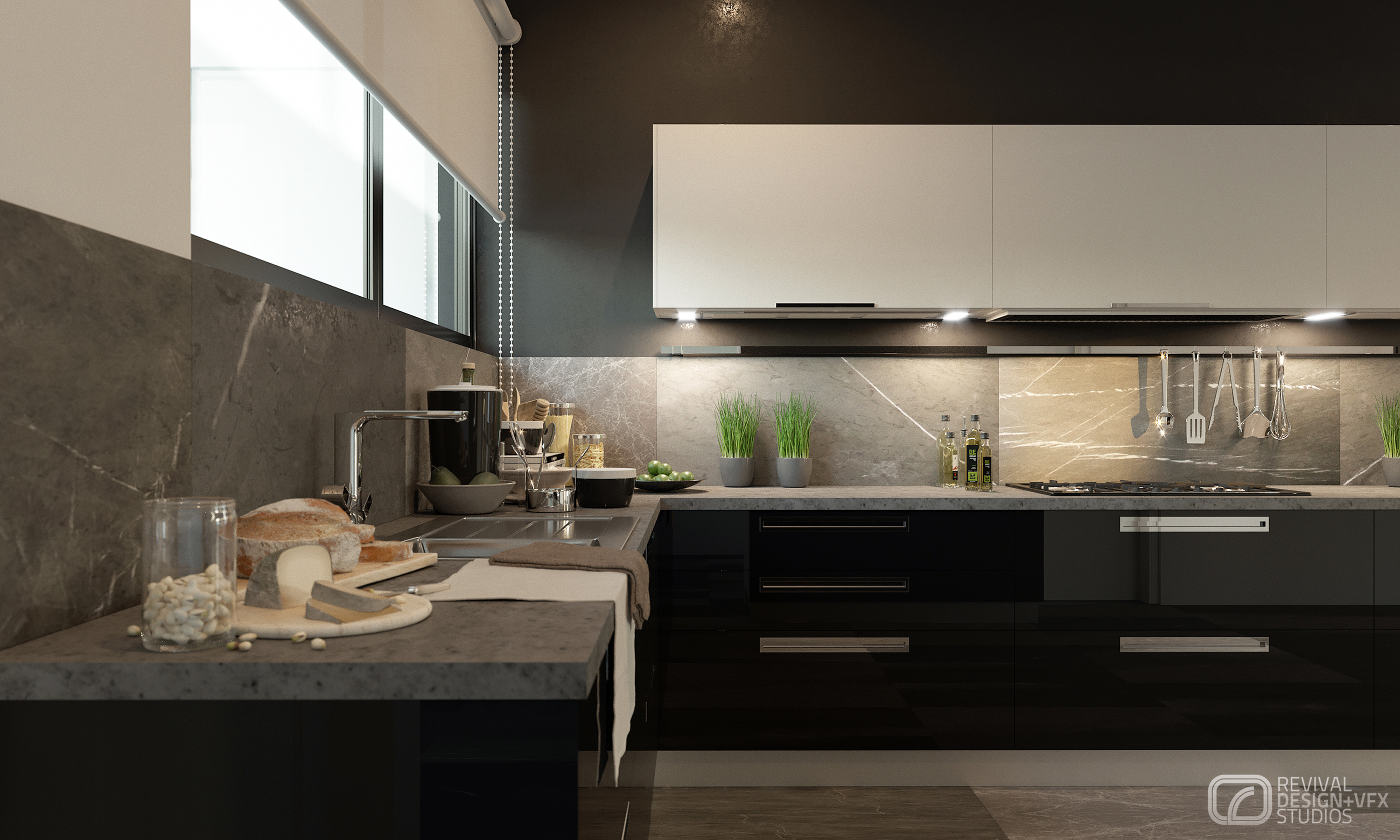 Petrus kitchen at counter height: dark gloss base cabinets, cream uppers and grey marble worktops, a board with bread and cheese in the foreground beside a tall tap and under-cabinet lighting.