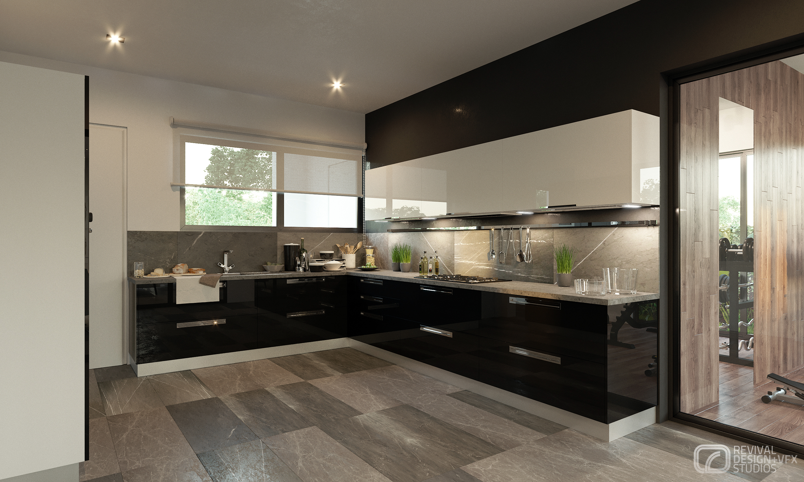 Petrus kitchen from the far end of the L-run: black gloss drawers with steel pulls, hanging utensils and a roller blind at the window, a glass door at right looking through to the gym.