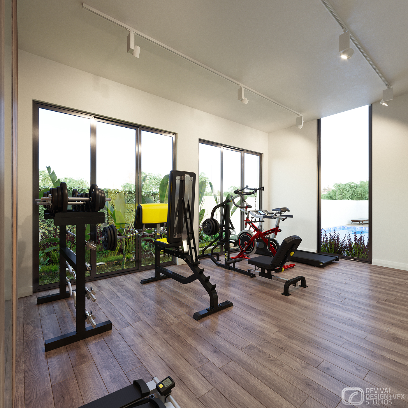 Petrus gym from the low corner: dumbbell rack, bench and cable machine along the wall, red spin bike and treadmill by the black-framed glass doors, a mirror edge at left and the pool beyond.