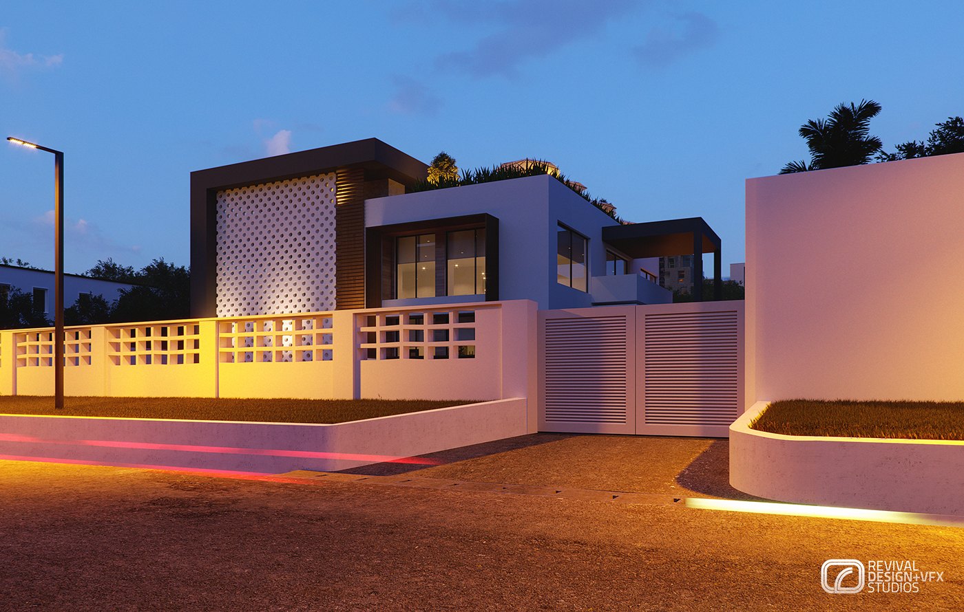Dusk exterior render: a low white office block behind a perimeter wall of perforated blocks, warm uplight raking across the wall and a planted roof garden silhouetted against a deep blue evening sky.
