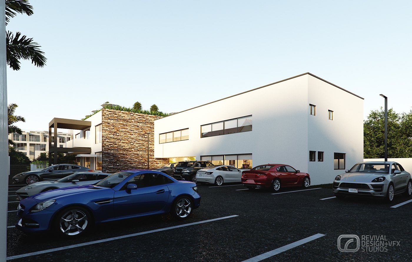 Exterior render of the parking court: several cars parked in front of the white two-storey volume, a stone-clad wall at the left, a palm and low planting softening the asphalt.