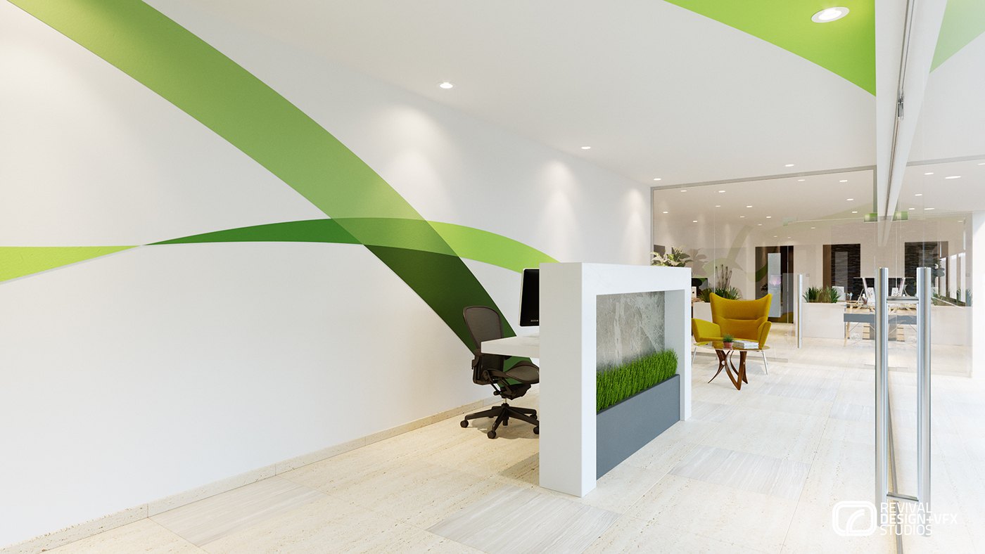 Lobby interior render: white walls cut by curved green graphic bands that sweep up onto the ceiling, a low planter of grass, a pale floor and a black task chair in the distance.