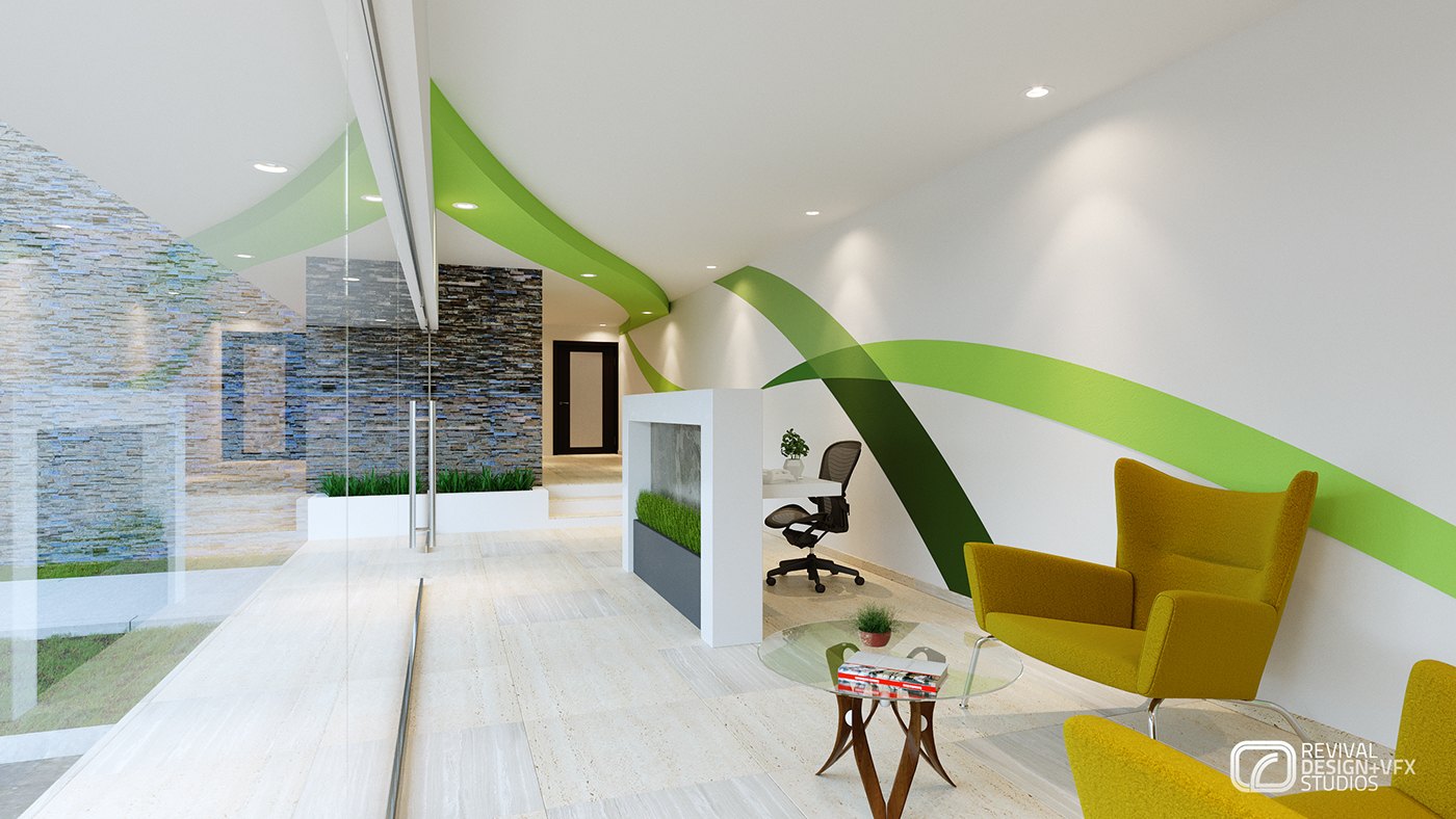 Reception interior render: glazed partitions, the same green ceiling swoops, a stacked-stone feature wall, mustard lounge chairs and a small side table on a pale polished floor.