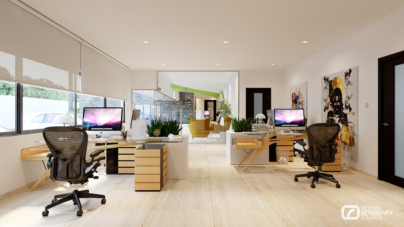 Open-plan office render: two desks with desktop computers and mesh chairs, teak drawer units, roller blinds at the windows and a large portrait canvas on the far wall.