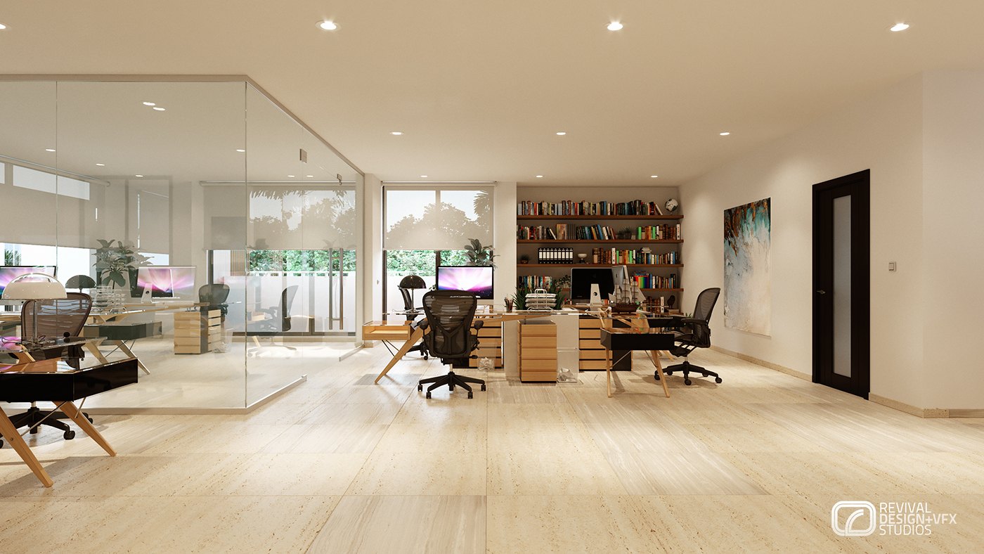 Executive office render seen through a glass partition: a timber desk with two chairs, a full wall of book-lined shelving, a pale plank floor and a task chair at the near edge.