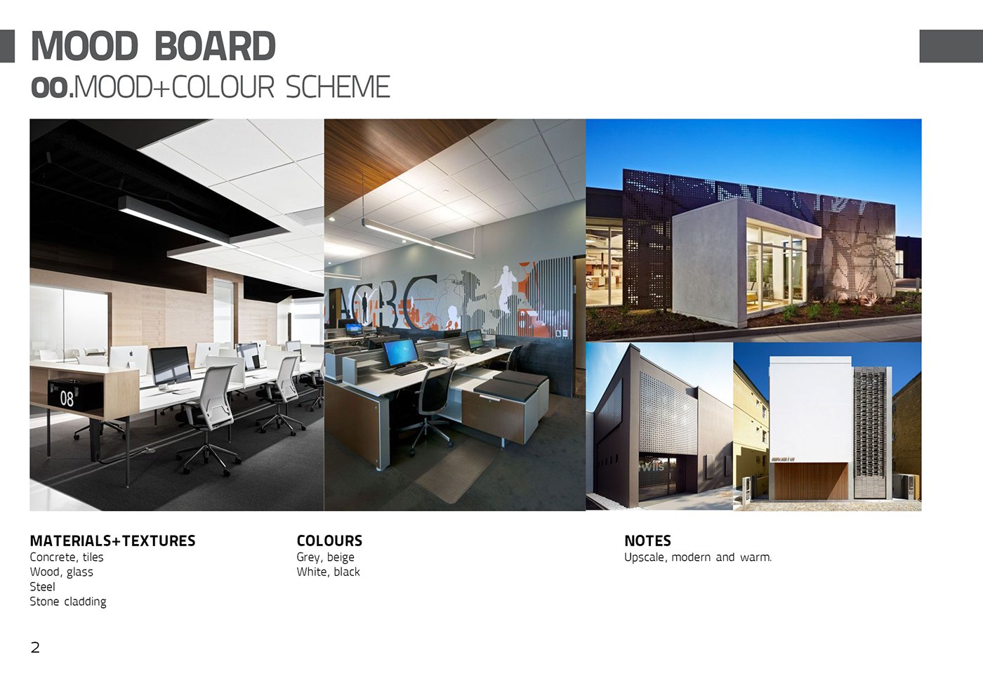 Mood board 00, MOOD+COLOUR SCHEME: reference photographs of an open office, a mural wall and dusk exteriors above columns headed MATERIALS+TEXTURES, COLOURS and NOTES, listing concrete, teak, glass and stone cladding.