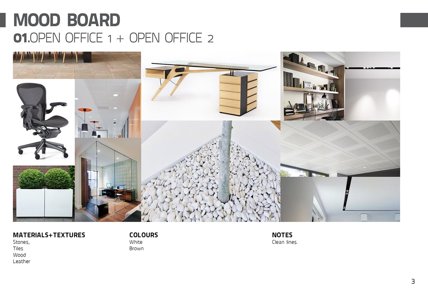 Mood board 01, OPEN OFFICE 1 + OPEN OFFICE 2: a mesh task chair, a white desk with teak drawers, shelving, a ceiling grid and a planter of white pebbles, with teak, glass, stone and leather listed as materials.