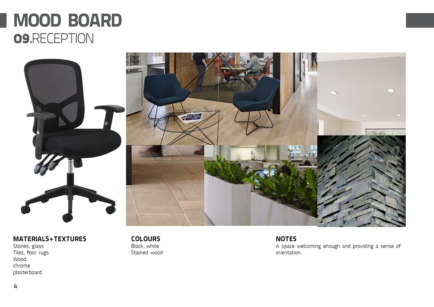 Mood board 09, RECEPTION: a black mesh chair, blue lounge chairs around a small table, white planters and a stacked-stone wall, with notes asking for a space welcoming enough to give a sense of orientation.
