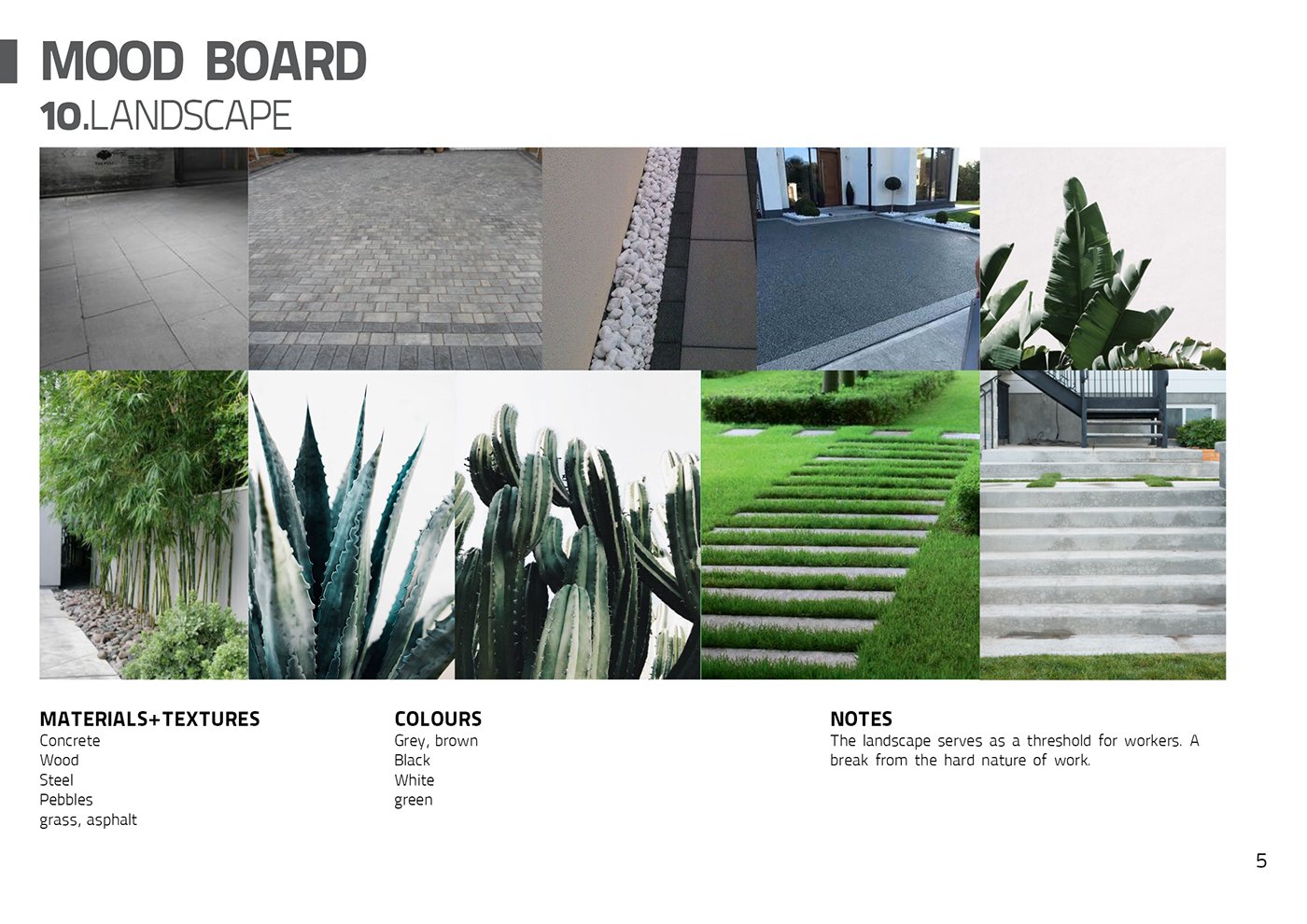 Mood board 10, LANDSCAPE: paving and asphalt samples, gravel strips, agave, a banana plant and a stepped lawn with a bench, captioned as a threshold for workers and a break from the hard nature of work.