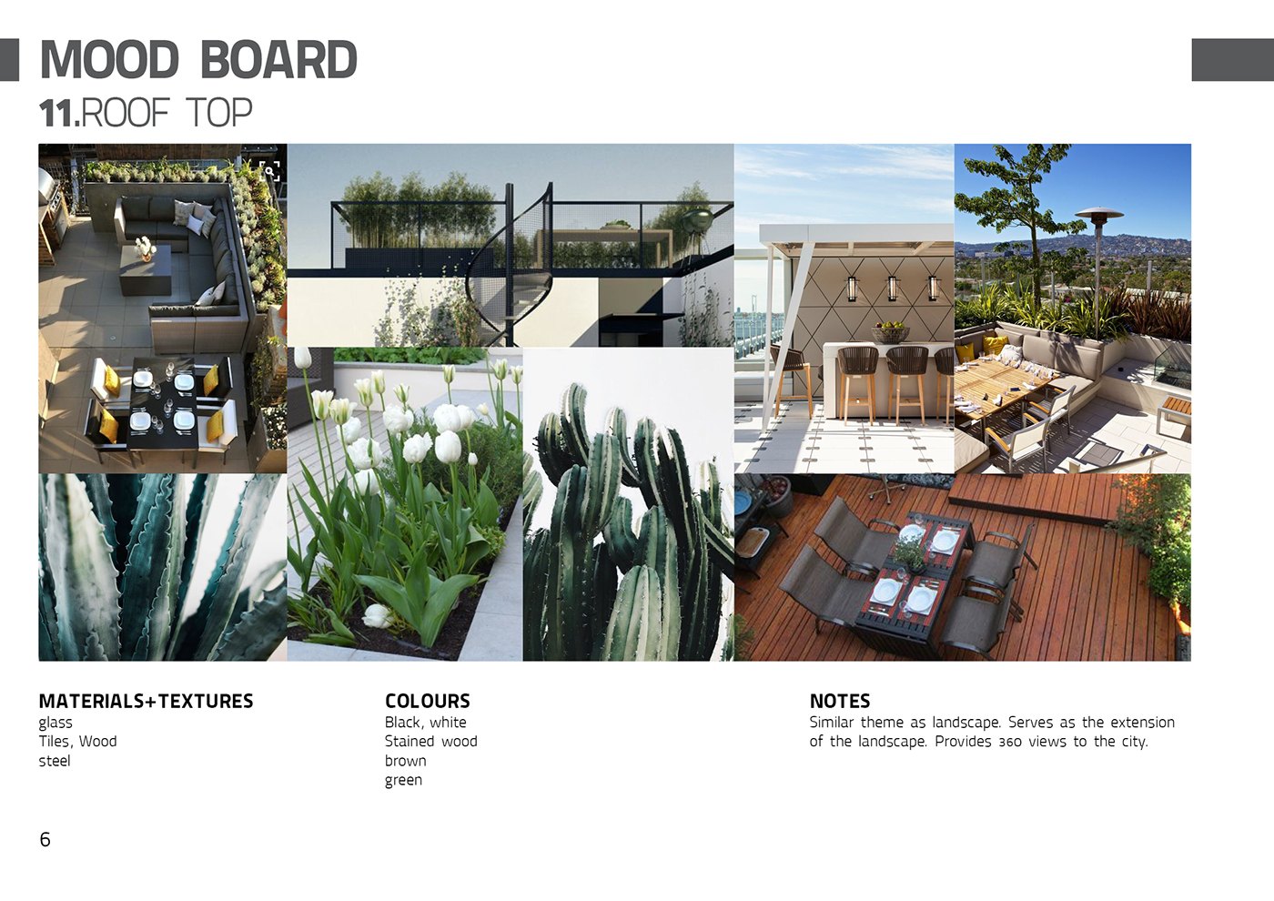 Mood board 11, ROOF TOP: rooftop lounge seating on a timber deck, loungers, planters of cactus and tulips and a city view, with notes describing the terrace as an extension of the landscape.