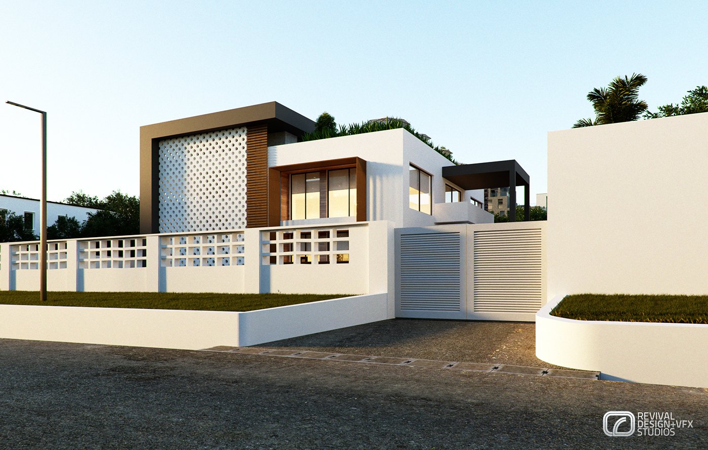 Daytime exterior render from the road: white cubic volumes with a teak-framed perforated screen panel, a breeze-block boundary wall and a gravel forecourt under a pale sky.