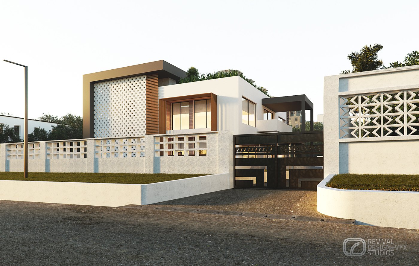 The same exterior from a second angle, showing the entrance gap in the boundary wall with a dark metal gate, the teak screen and the stepped white walls against an overcast sky.