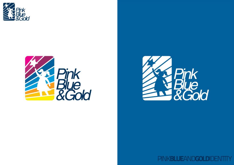 Identity presentation board for a children&rsquo;s NGO, split down the middle: on the left against white, a rounded-square badge of diagonal stripes running magenta through blue to gold holds the white silhouette of a girl reaching up with a star on a stick, locked up with the words Pink Blue & Gold stacked in three lines of bold navy lettering, a small single-colour version of the same mark above it; on the right the whole lockup is reversed in white on a solid blue field, and the board is captioned PINK&BLUEANDGOLD IDENTITY at the foot.