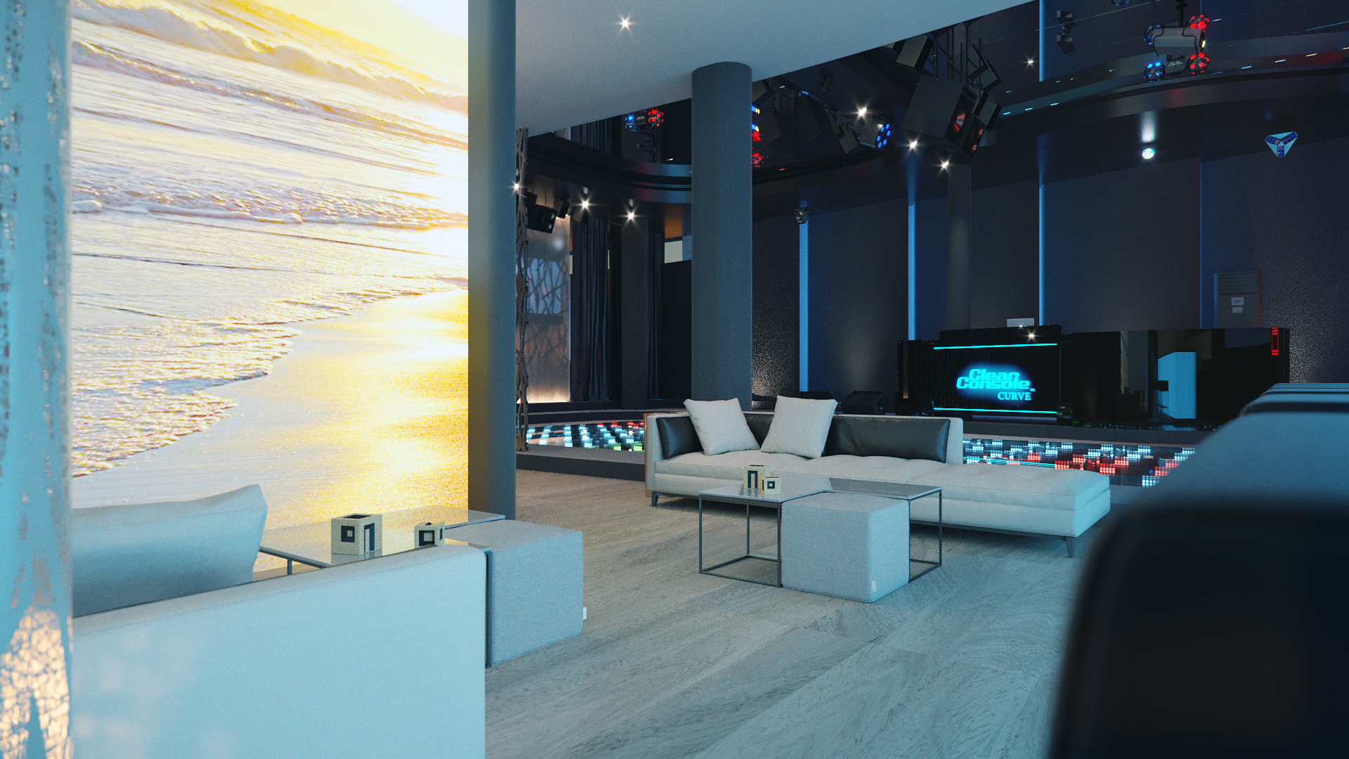 Poconos Bar + Grill seating area: a floor-to-ceiling backlit beach photograph at left, white sectional and glass coffee table on the timber floor, stage lighting rigged overhead and an LED dance floor glowing beyond.