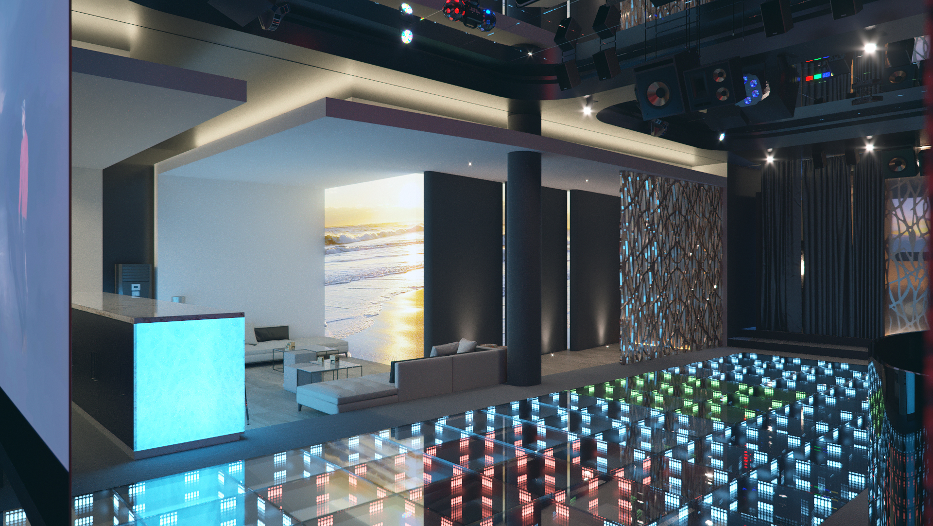 Poconos Bar + Grill from the DJ deck: the pixel LED dance floor lit blue and red in the foreground, a cyan-glowing bar block at left, the beach wall and white sofas in their alcove beyond.